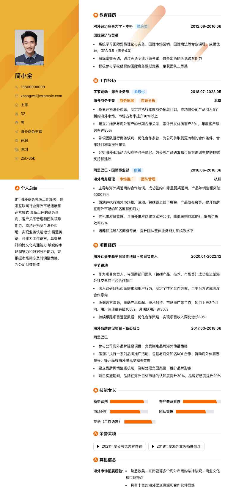 海外商务主管简历模板