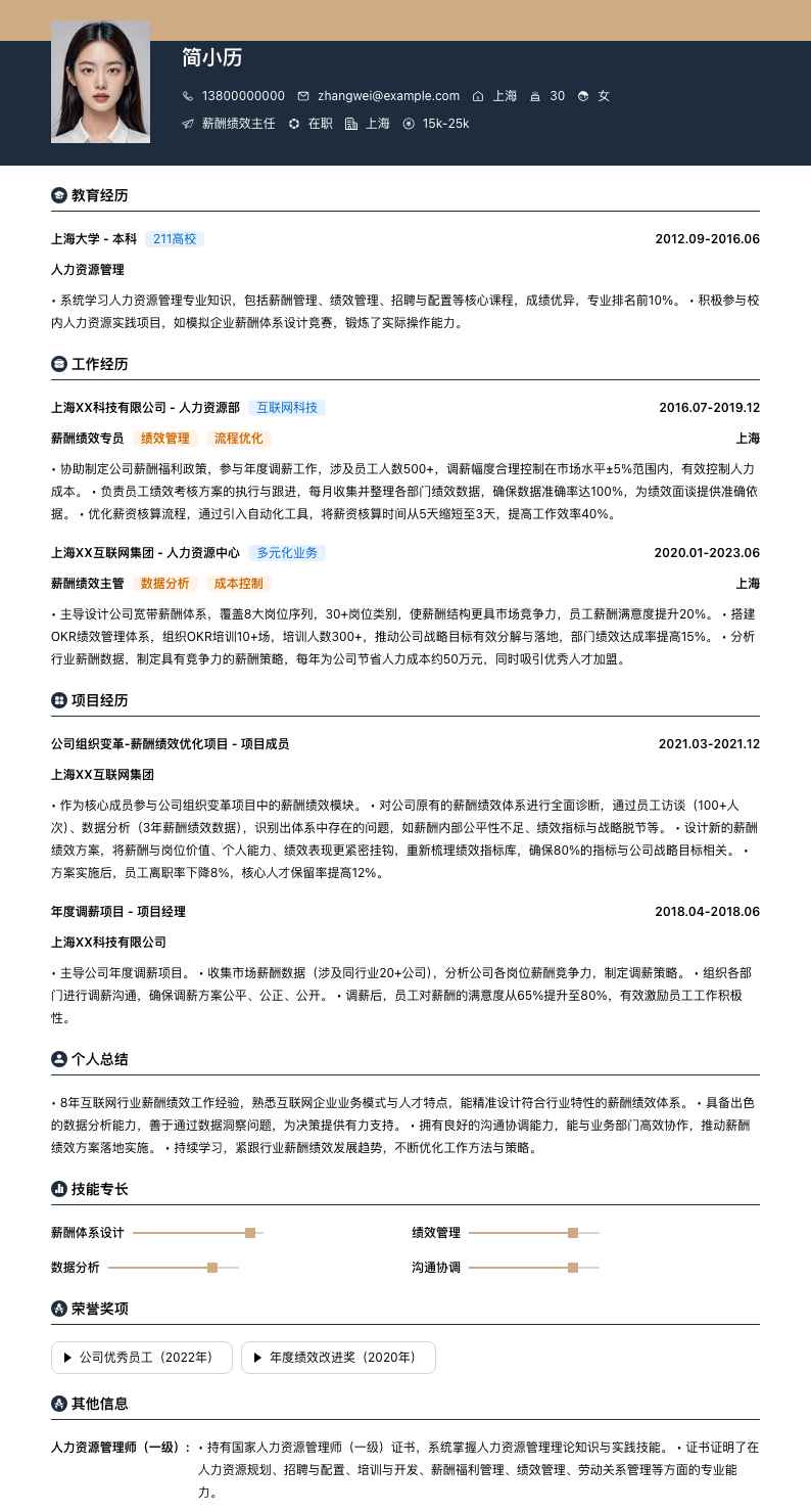 薪酬绩效主任简历模板