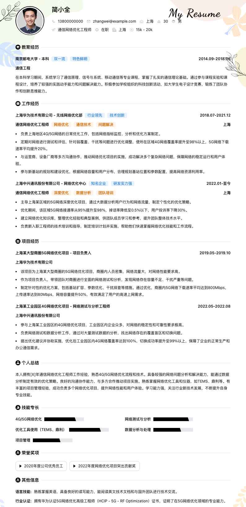 通信网络优化工程师简历模板