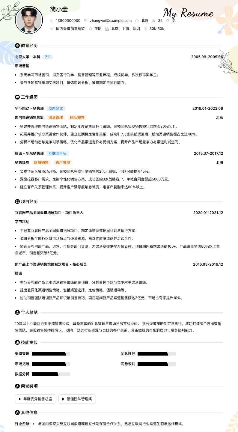 国内渠道销售总监简历模板