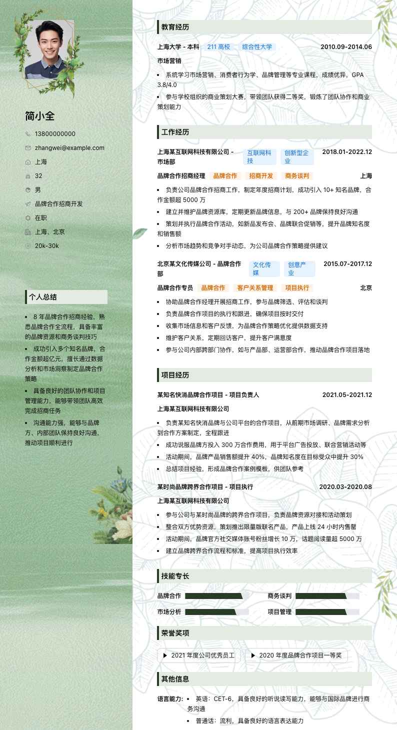 品牌合作招商简历模板