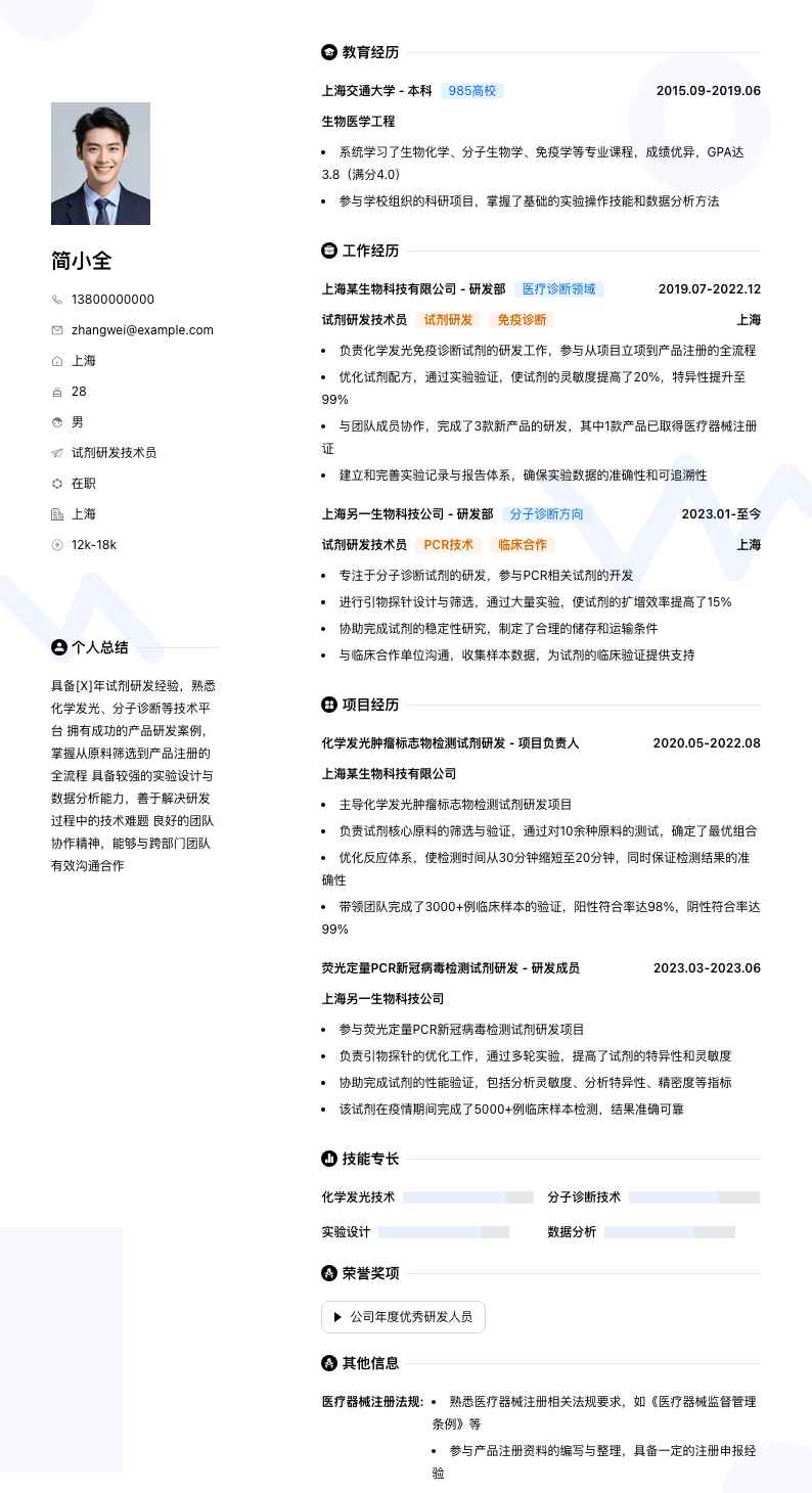 试剂研发技术员简历模板