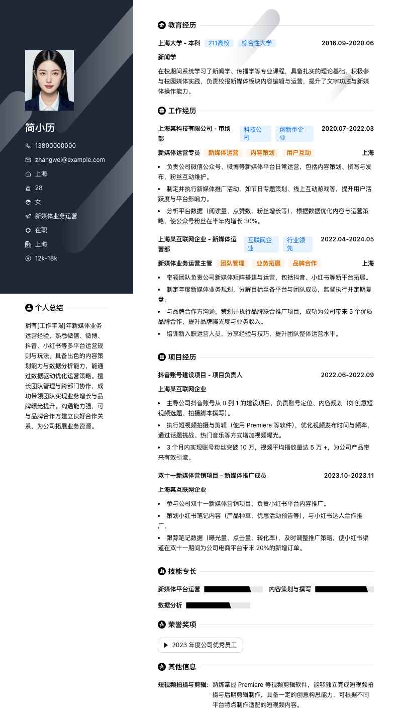 新媒体业务运营简历模板
