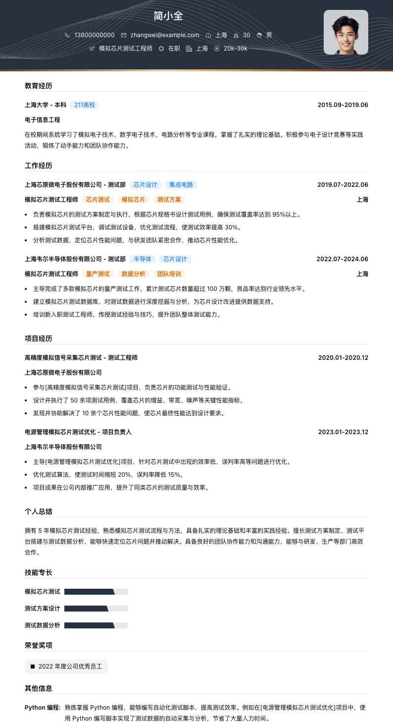 模拟芯片测试工程师简历模板