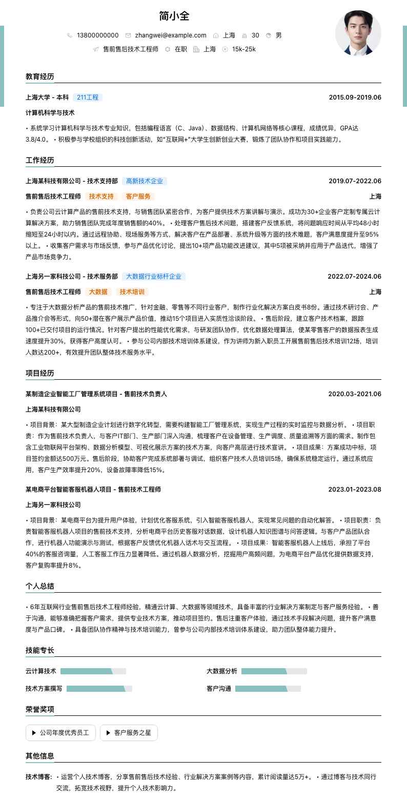 售前售后技术工程师简历模板