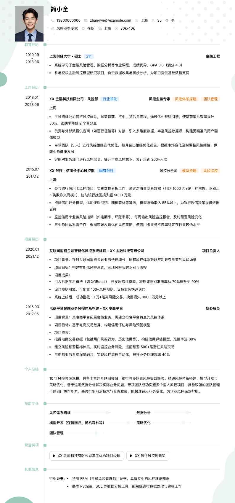 风控业务专家简历模板