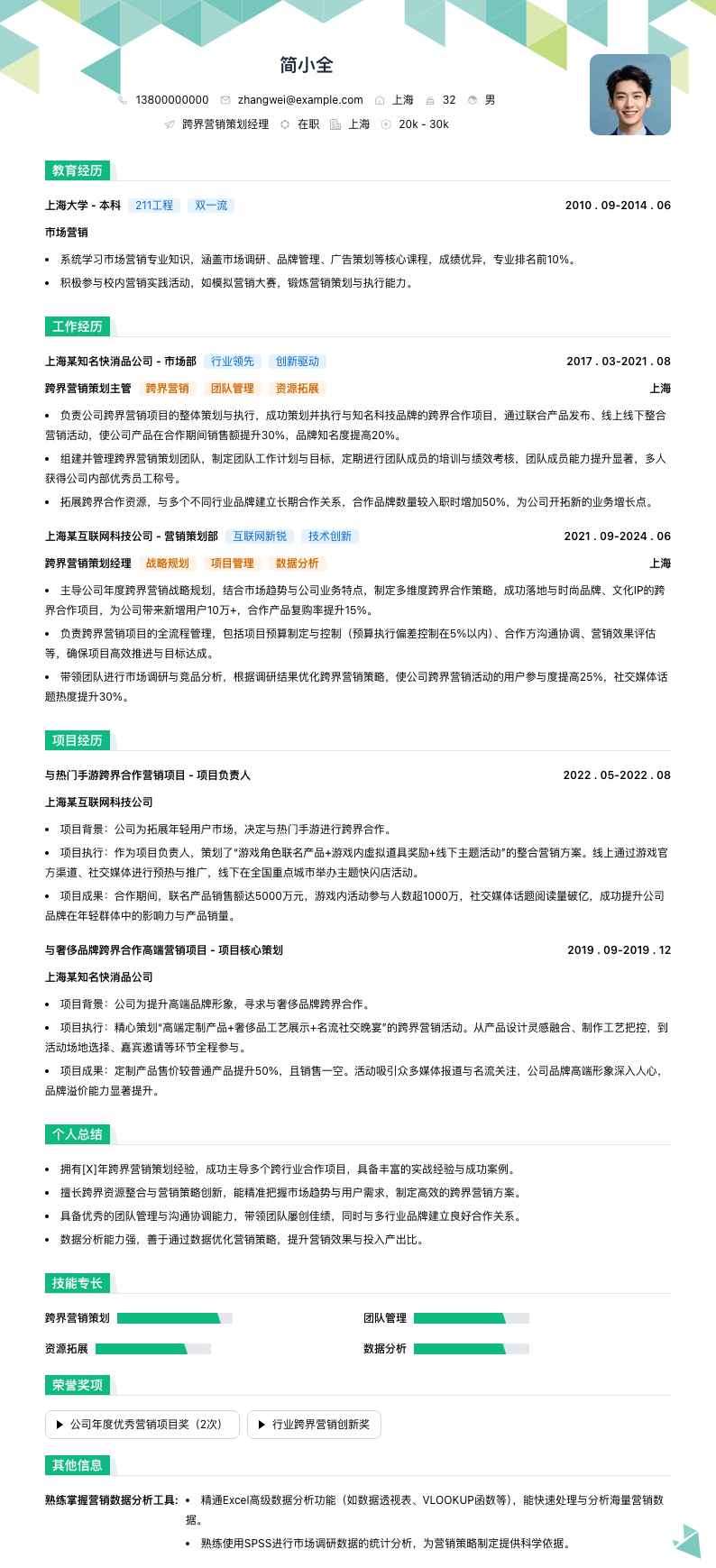 跨界营销策划经理简历模板