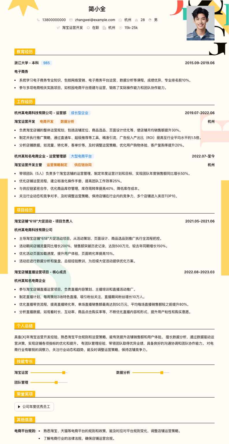 淘宝运营运营简历模板
