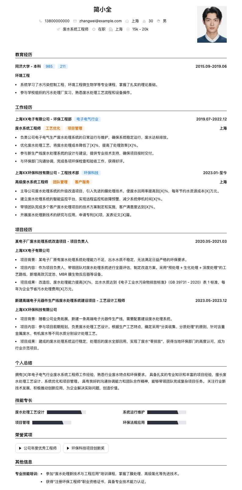 废水系统工程师简历模板