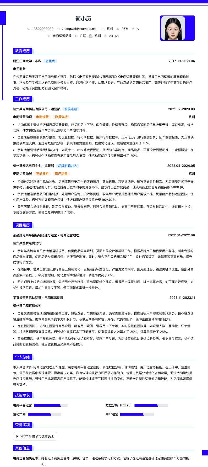 电商运营助理简历模板