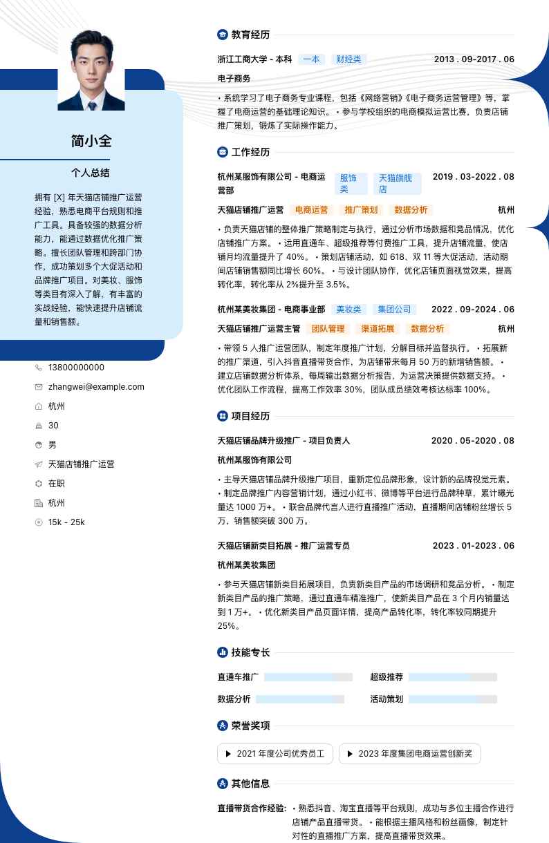 天猫店铺推广运营简历模板
