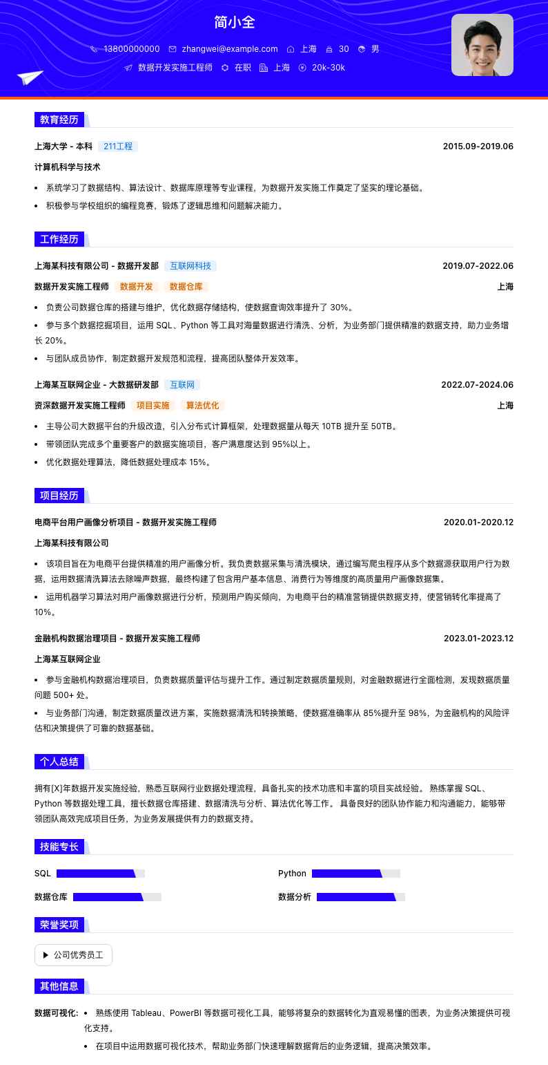 数据开发实施工程师简历模板