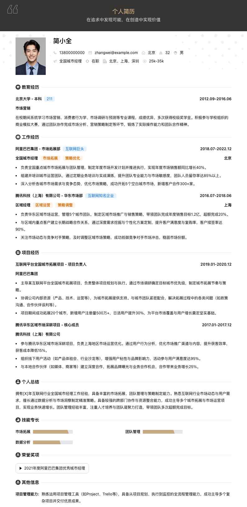 全国城市经理简历模板