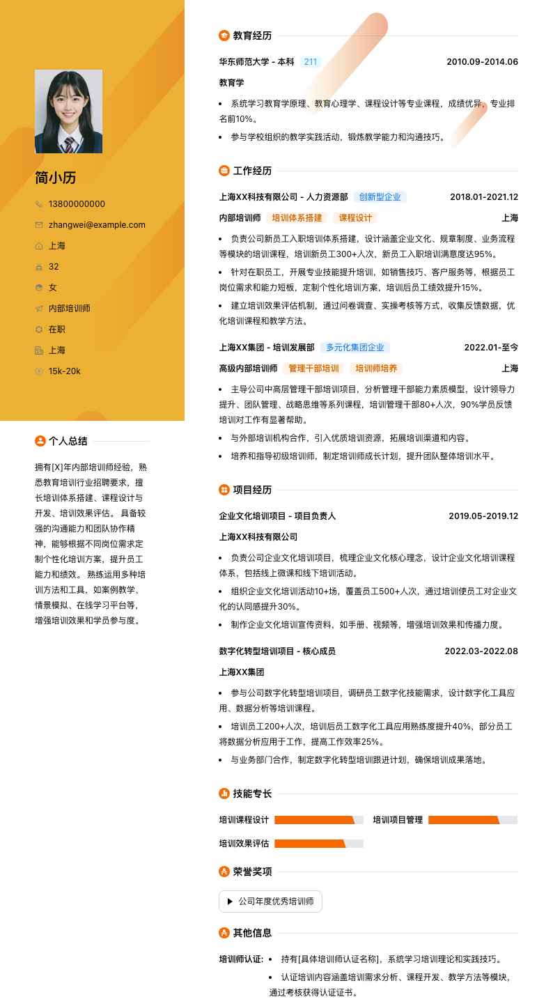 内部培训师简历模板