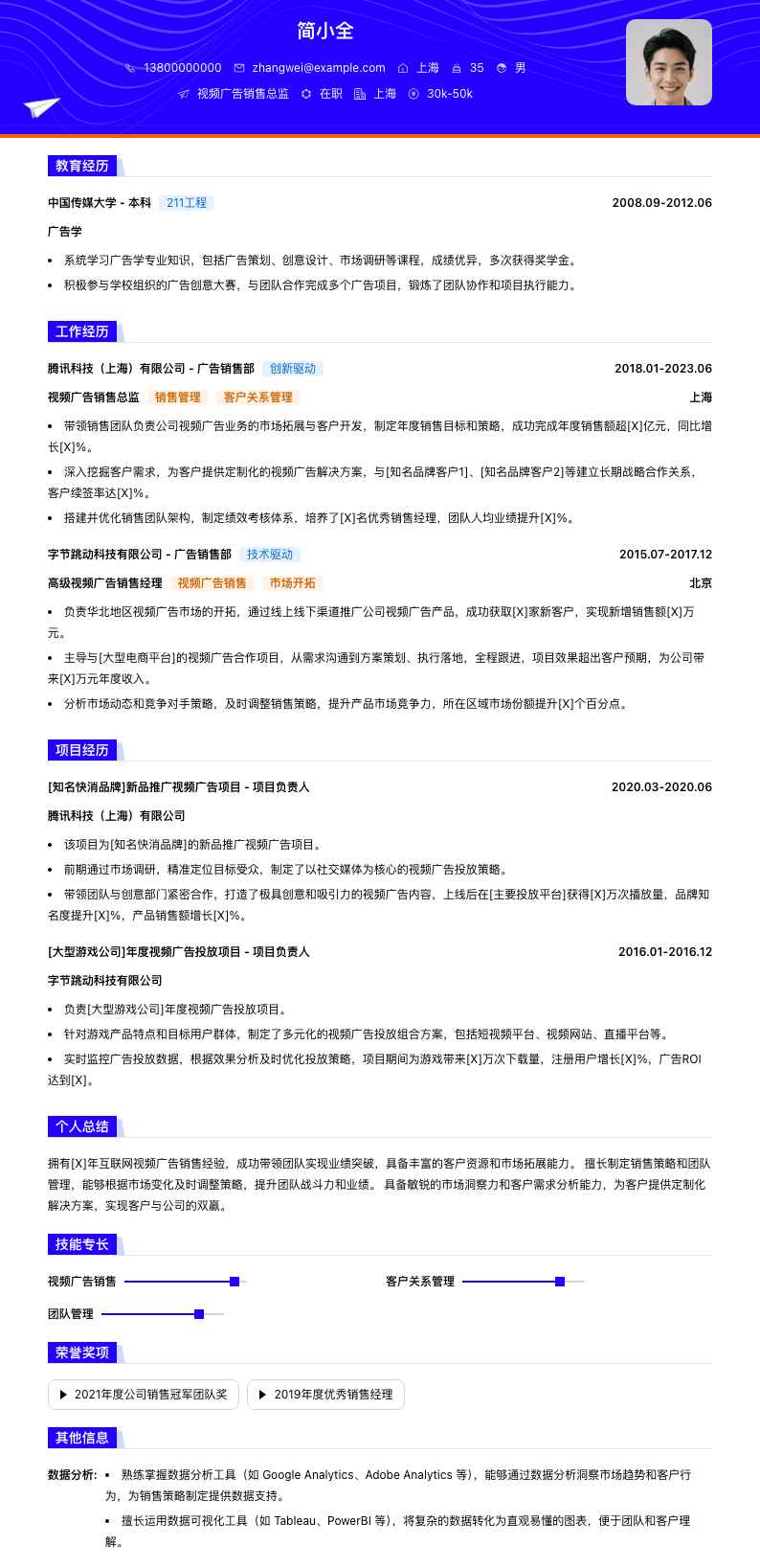 视频广告销售总监简历模板