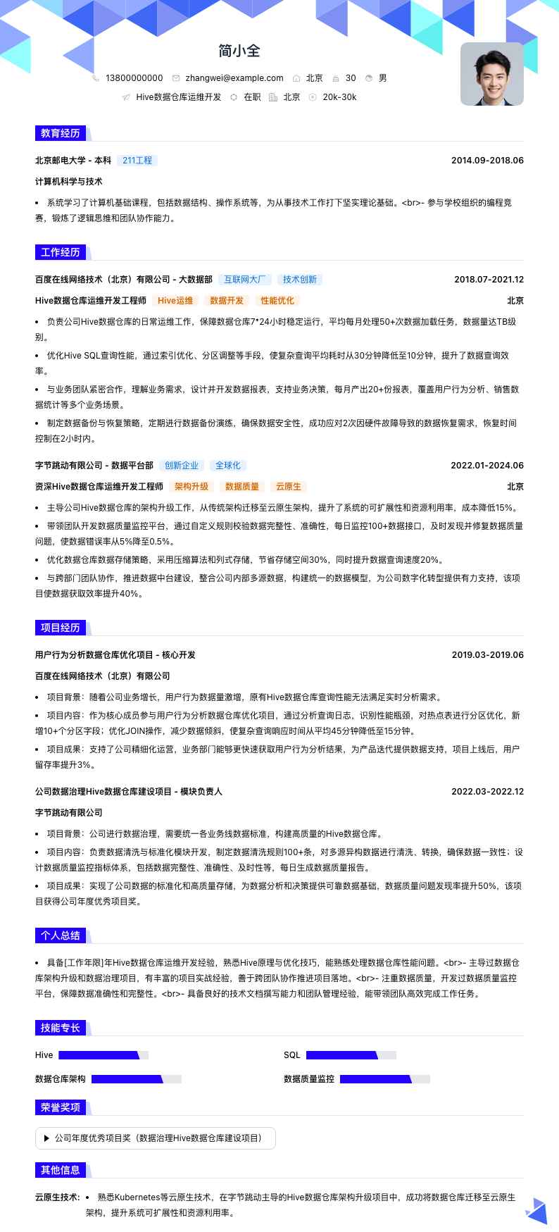 Hive数据仓库运维简历模板