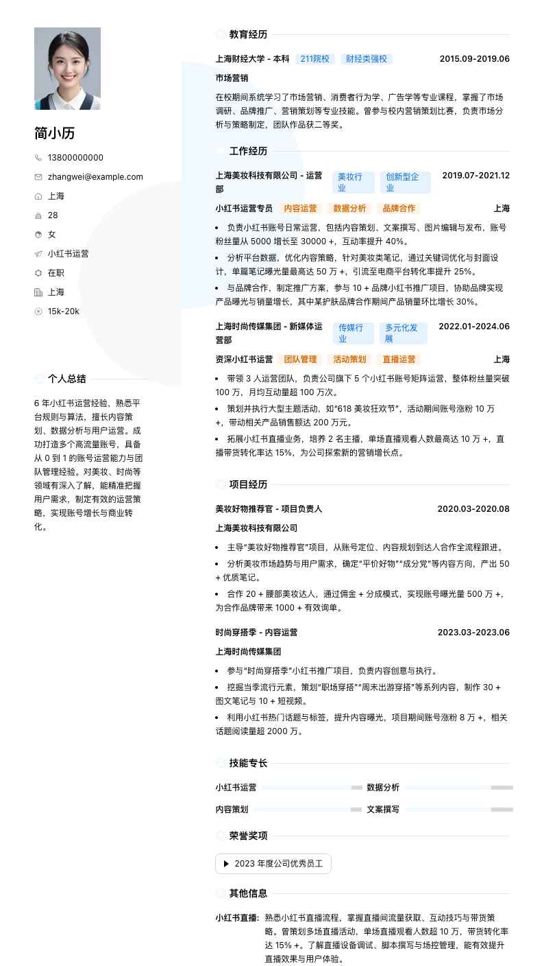 小红书运营简历模板