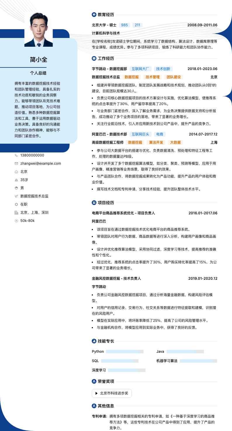 数据挖掘技术总监简历模板