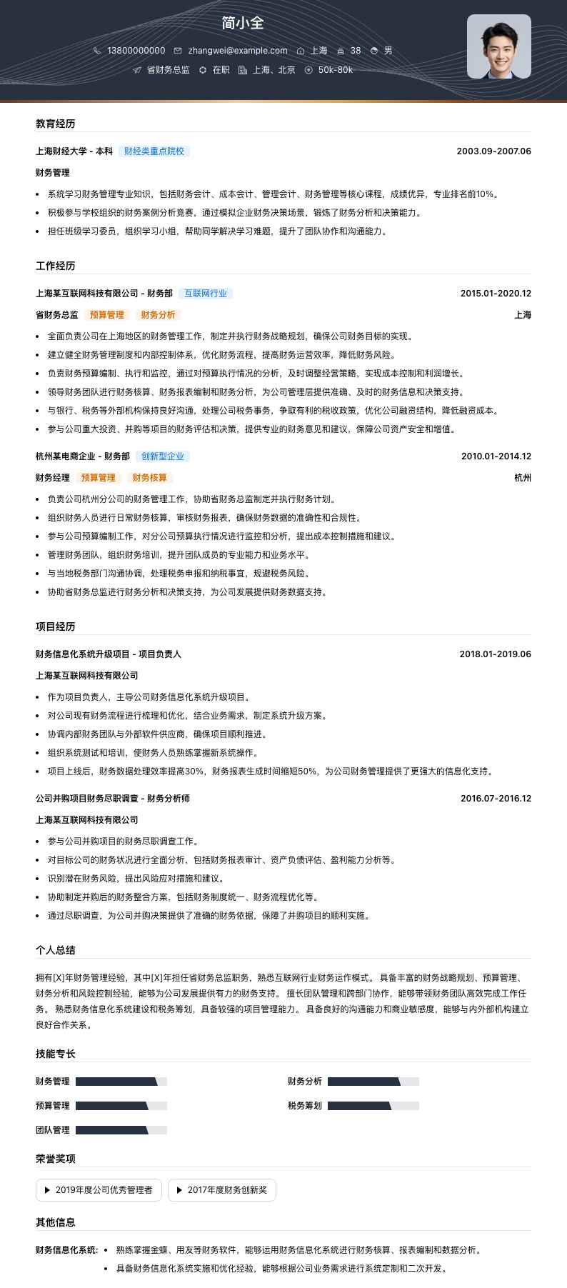 省财务总监简历模板