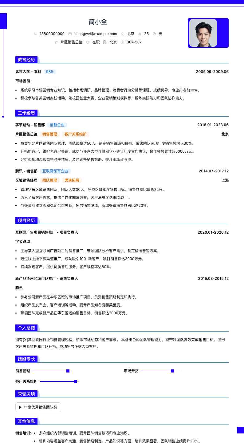片区销售总监简历模板