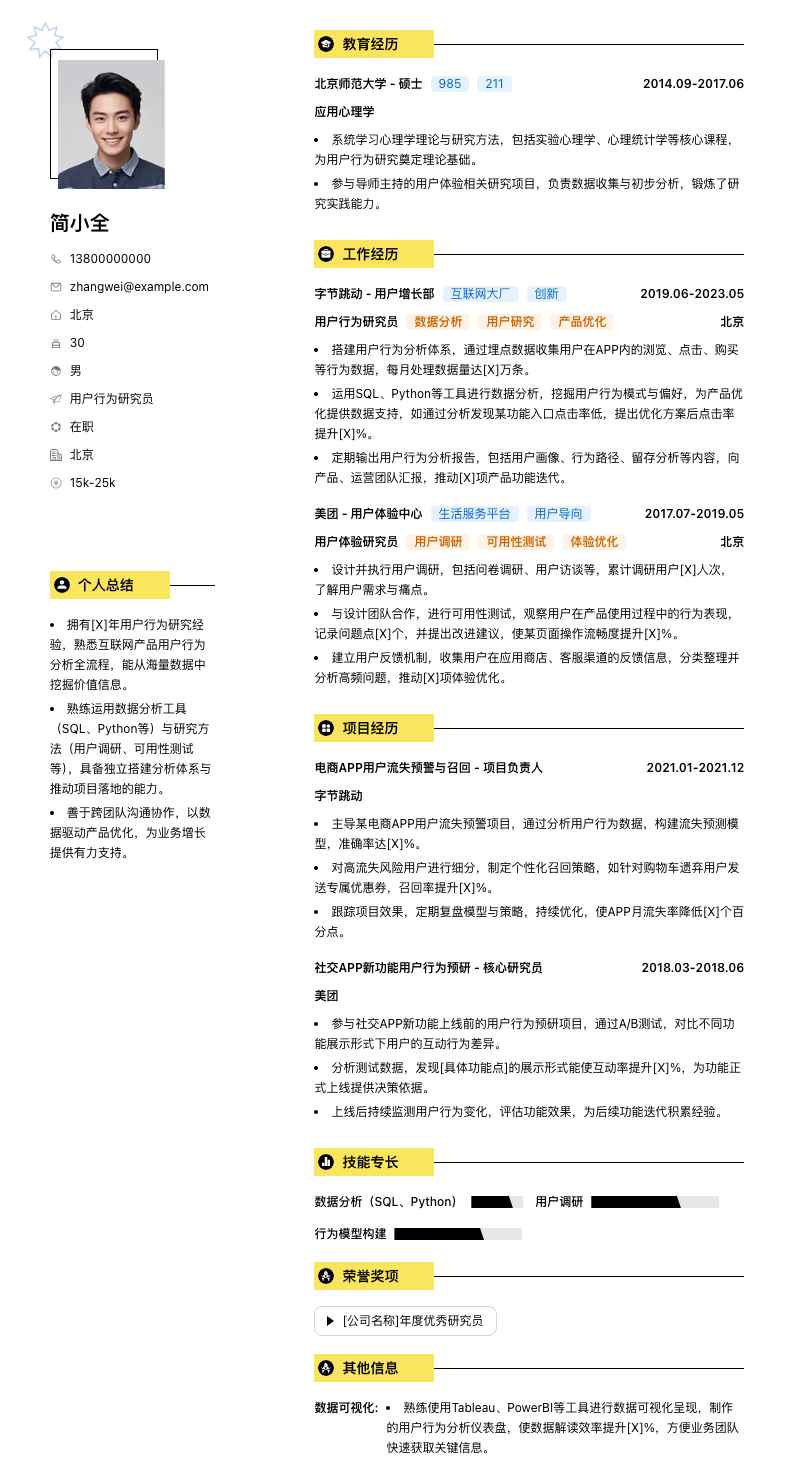 用户行为研究员简历模板