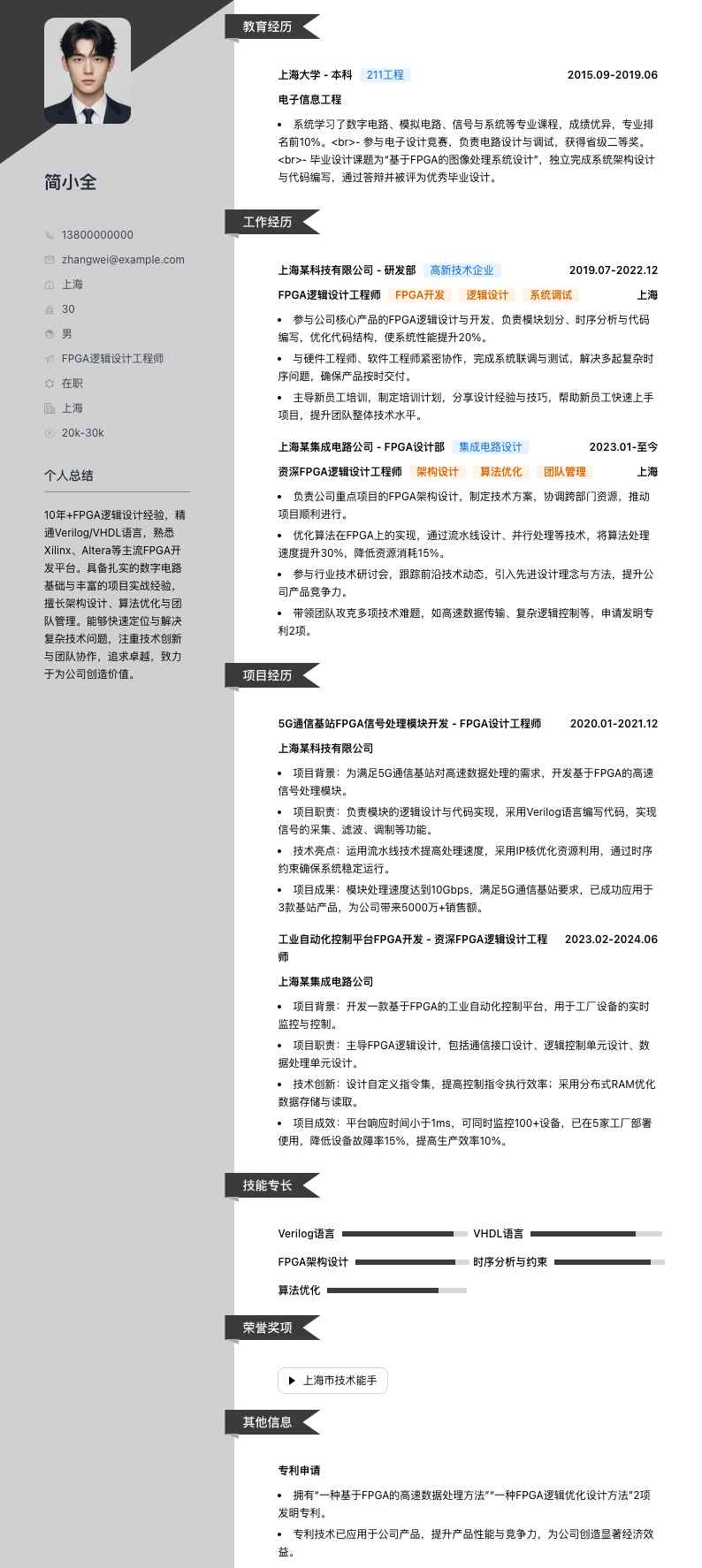 FPGA逻辑设计工程师简历模板