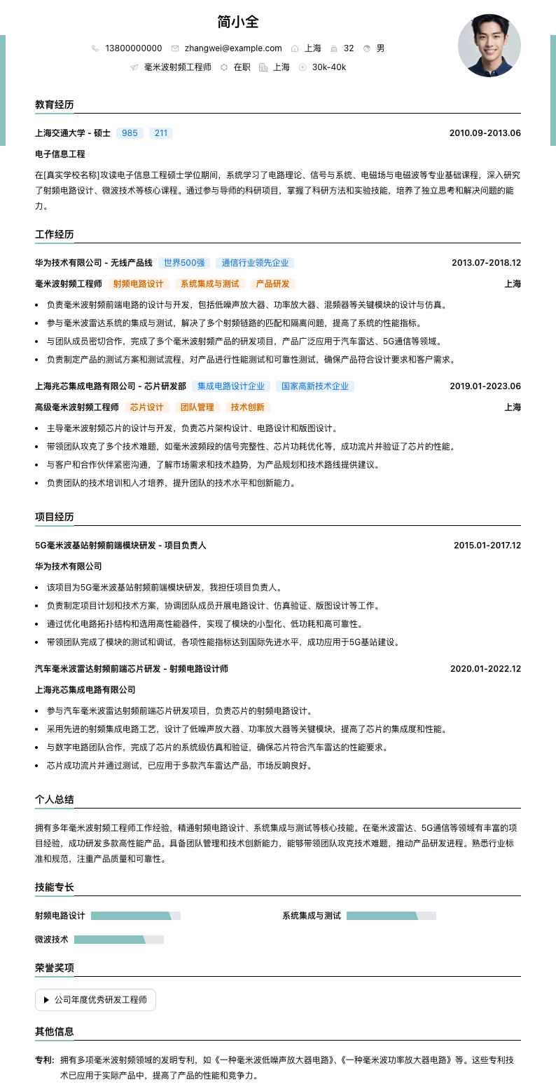 毫米波射频工程师简历模板