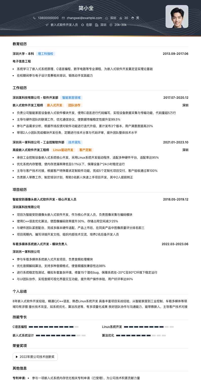 嵌入式软件开发人员简历模板