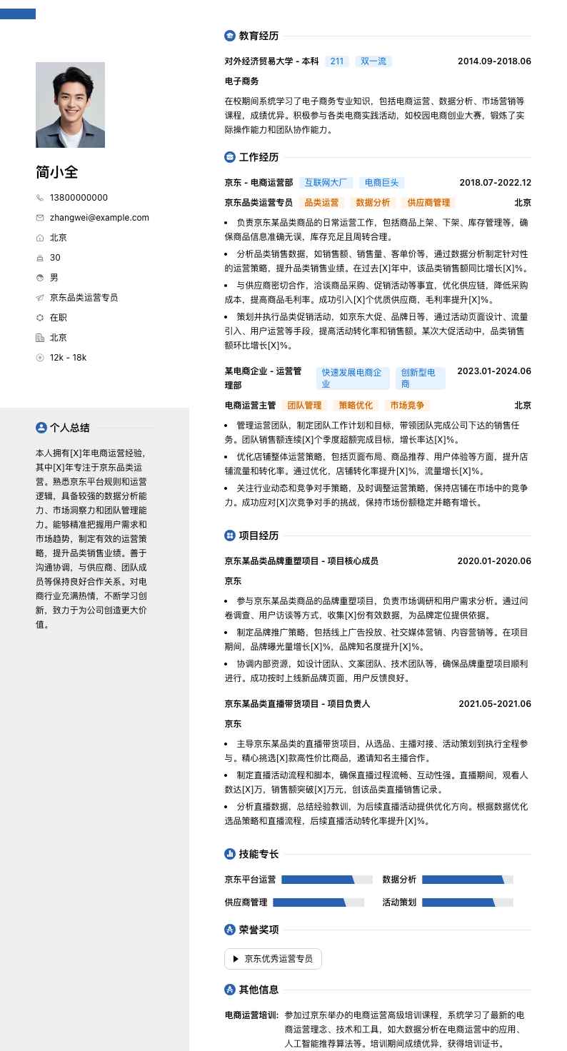 京东品类运营专员简历模板