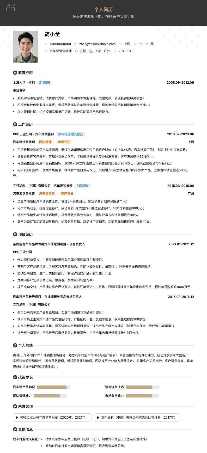 汽车漆销售经理简历模板