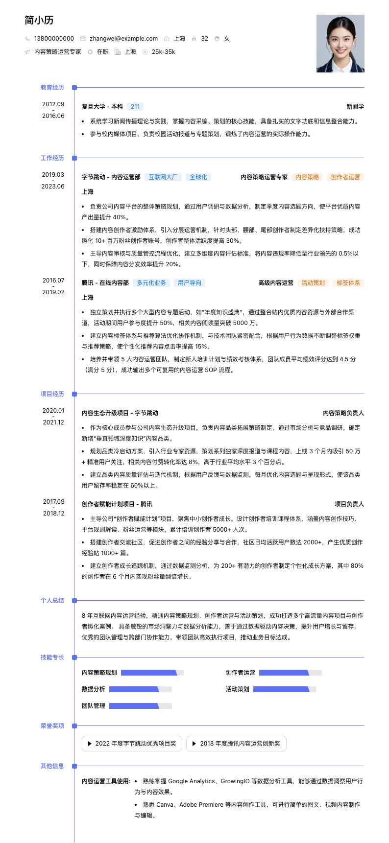 内容策略运营专家简历模板