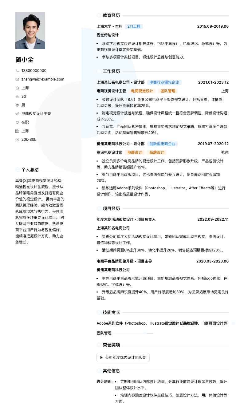电商视觉设计主管简历模板
