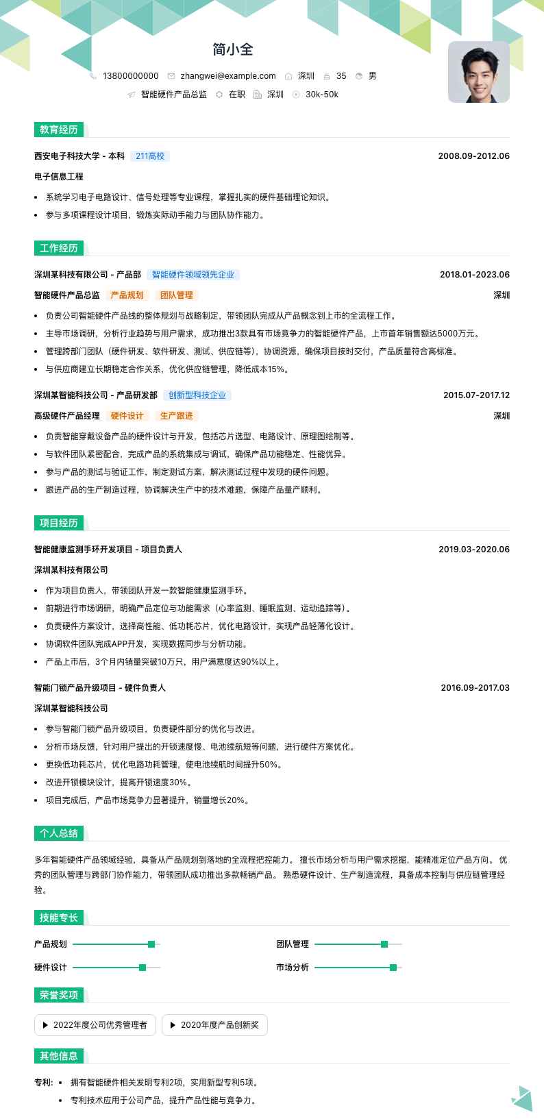 智能硬件产品总监简历模板