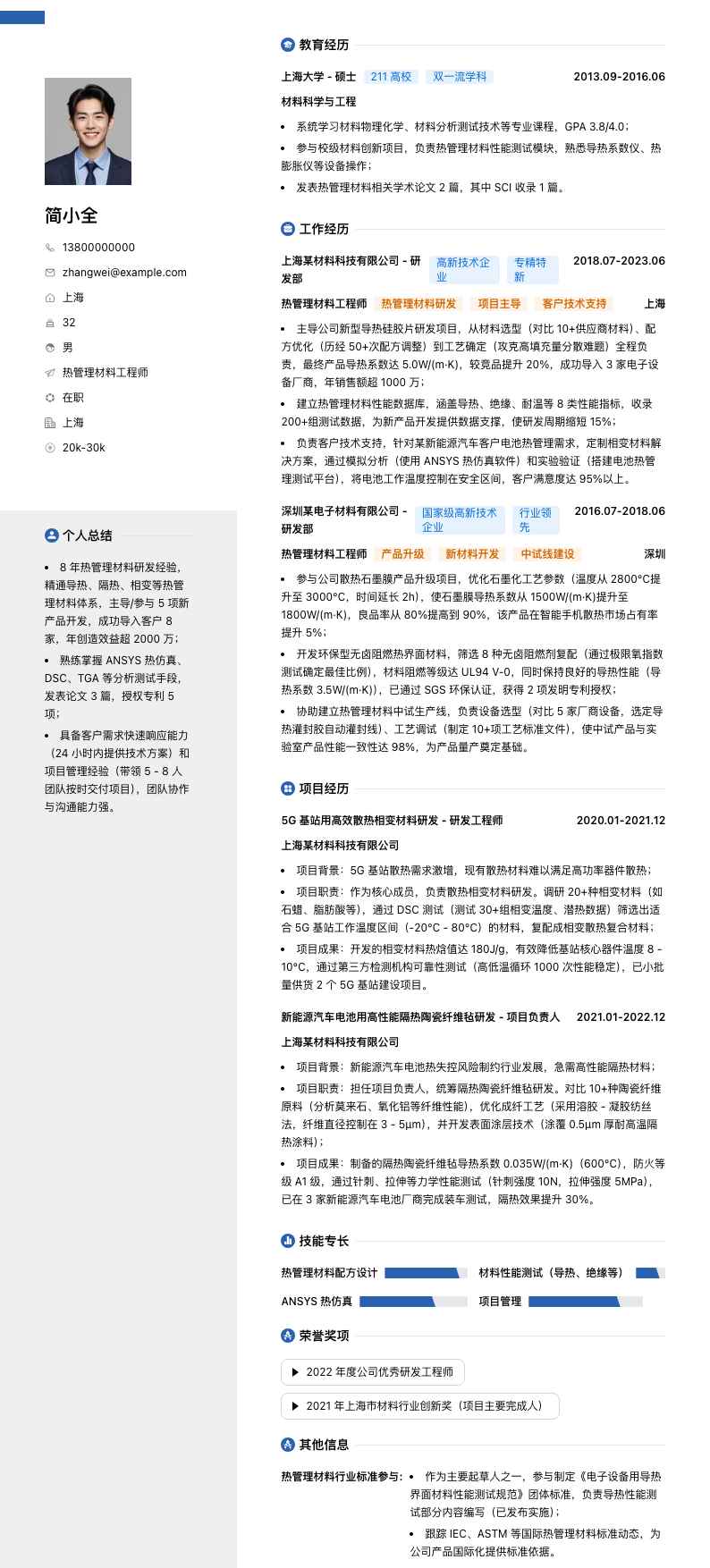 热管理材料工程师简历模板