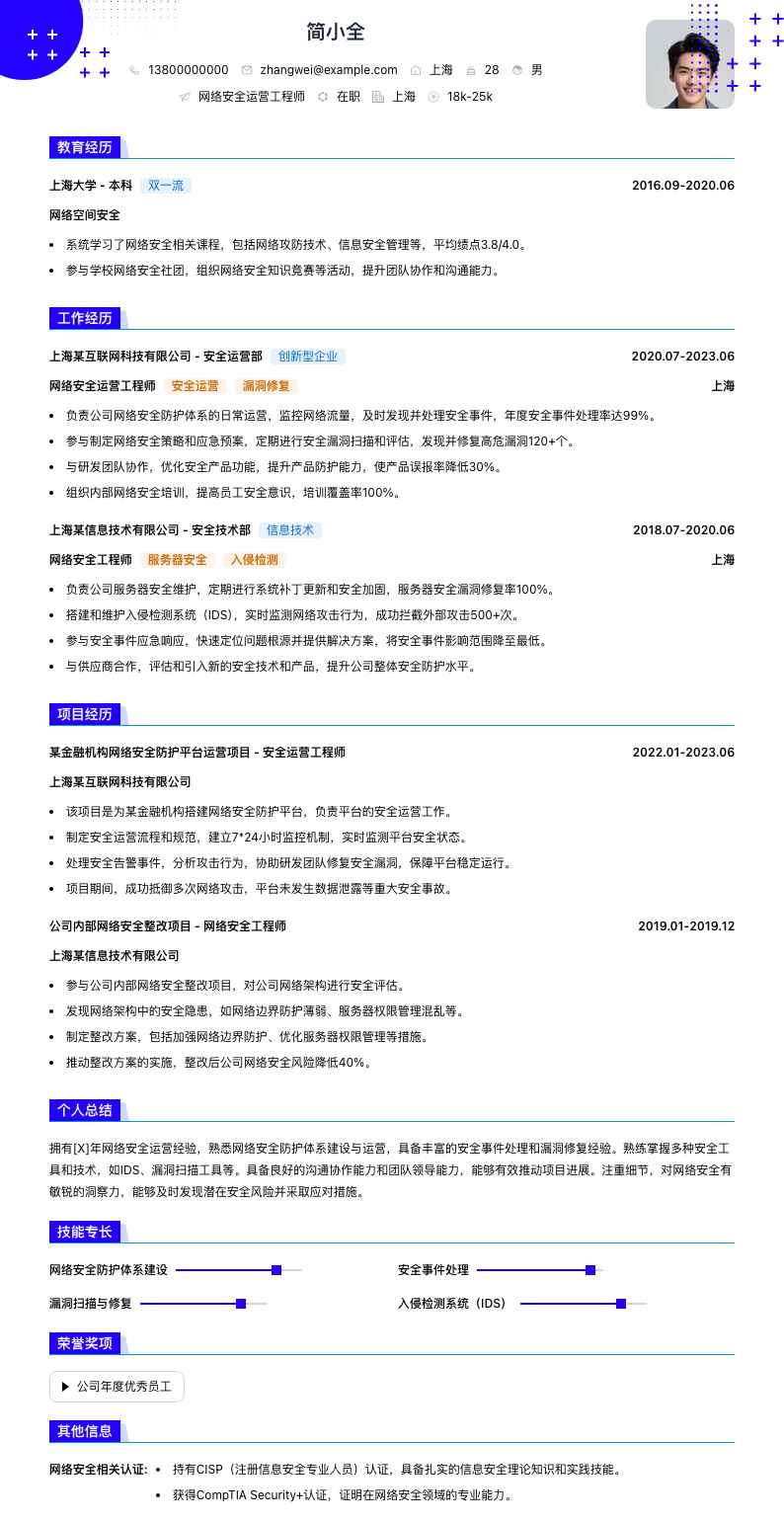 网络安全运营工程师简历模板