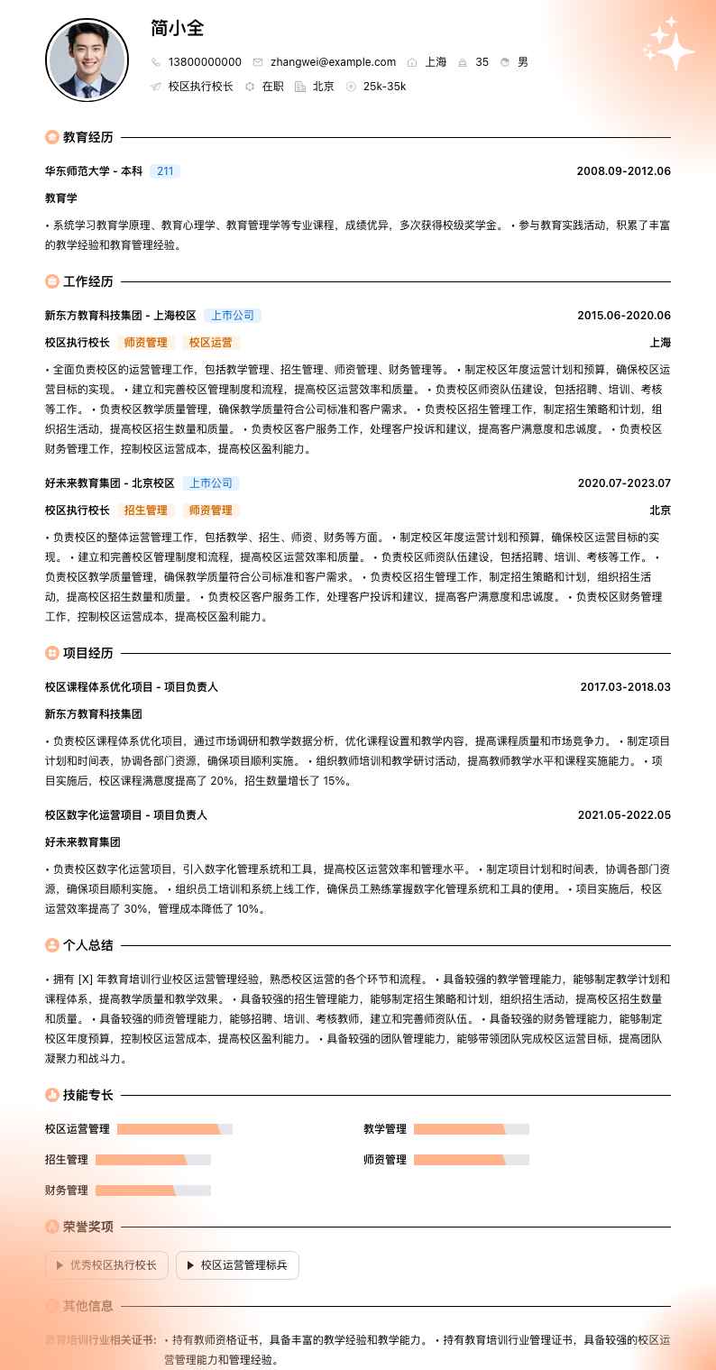 校区执行校长简历模板