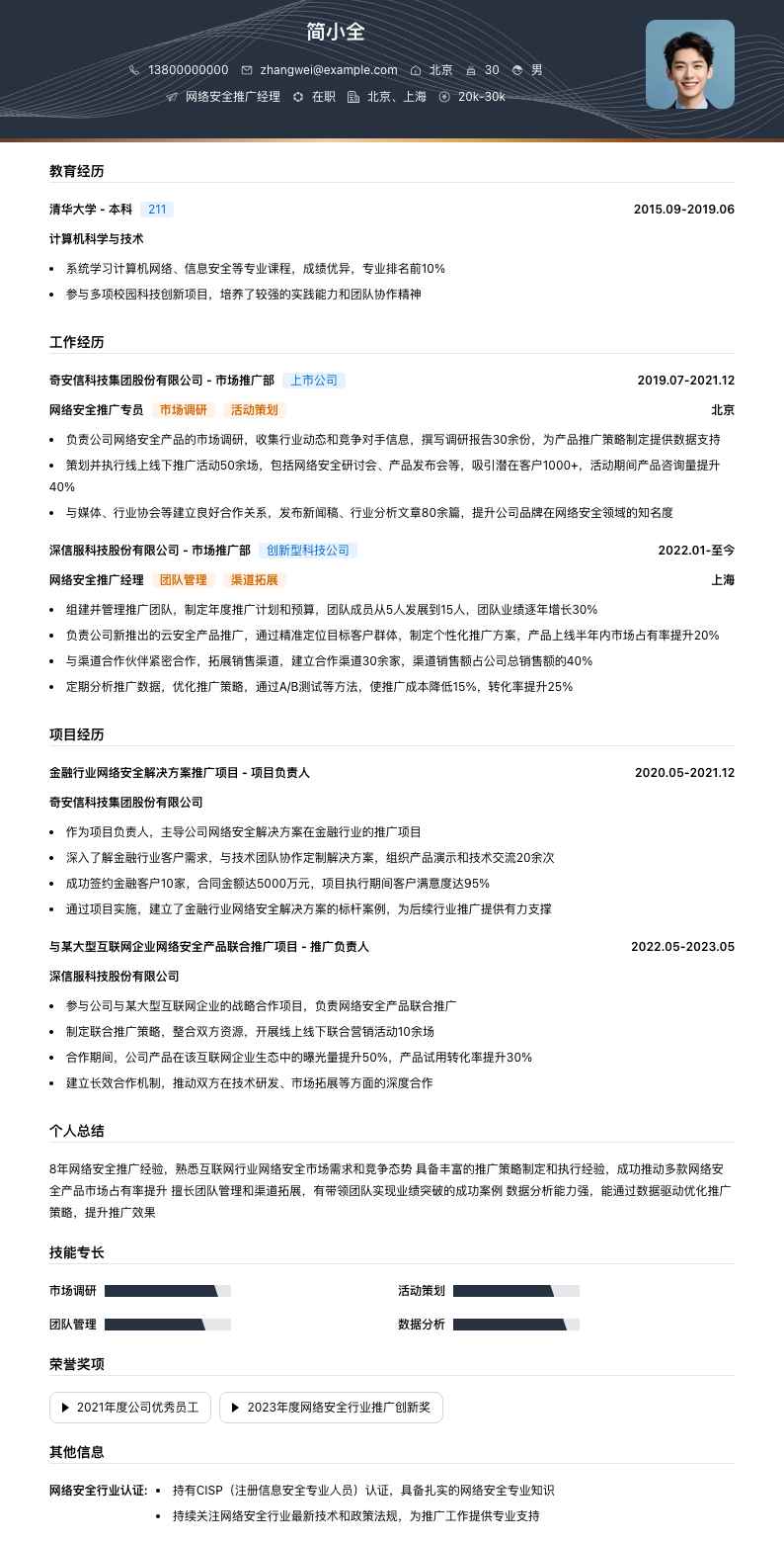 网络安全推广经理简历模板
