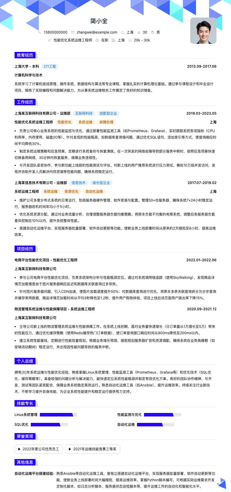 性能优化系统运维工程师简历模板