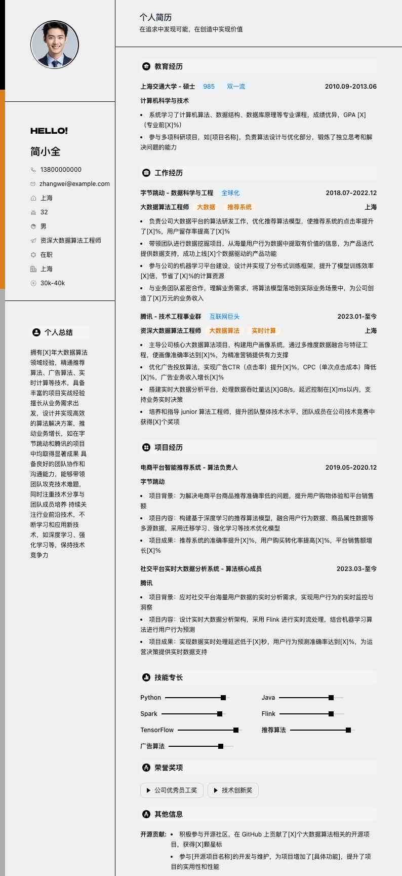 资深大数据算法工程师简历模板