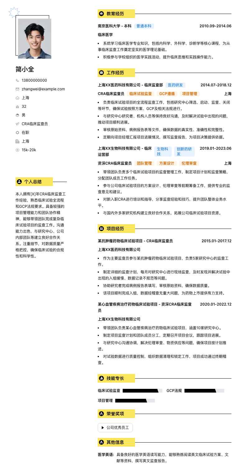 CRA临床监查员简历模板