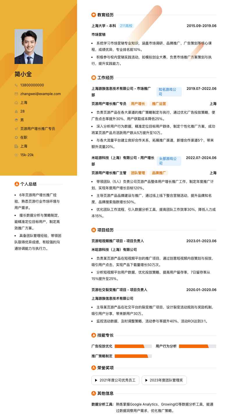 页游用户增长推广专员简历模板