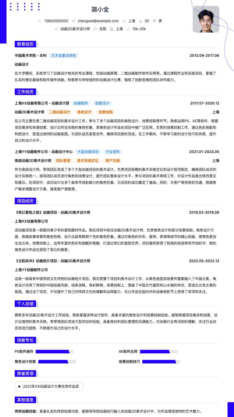 动画2D美术设计师简历模板