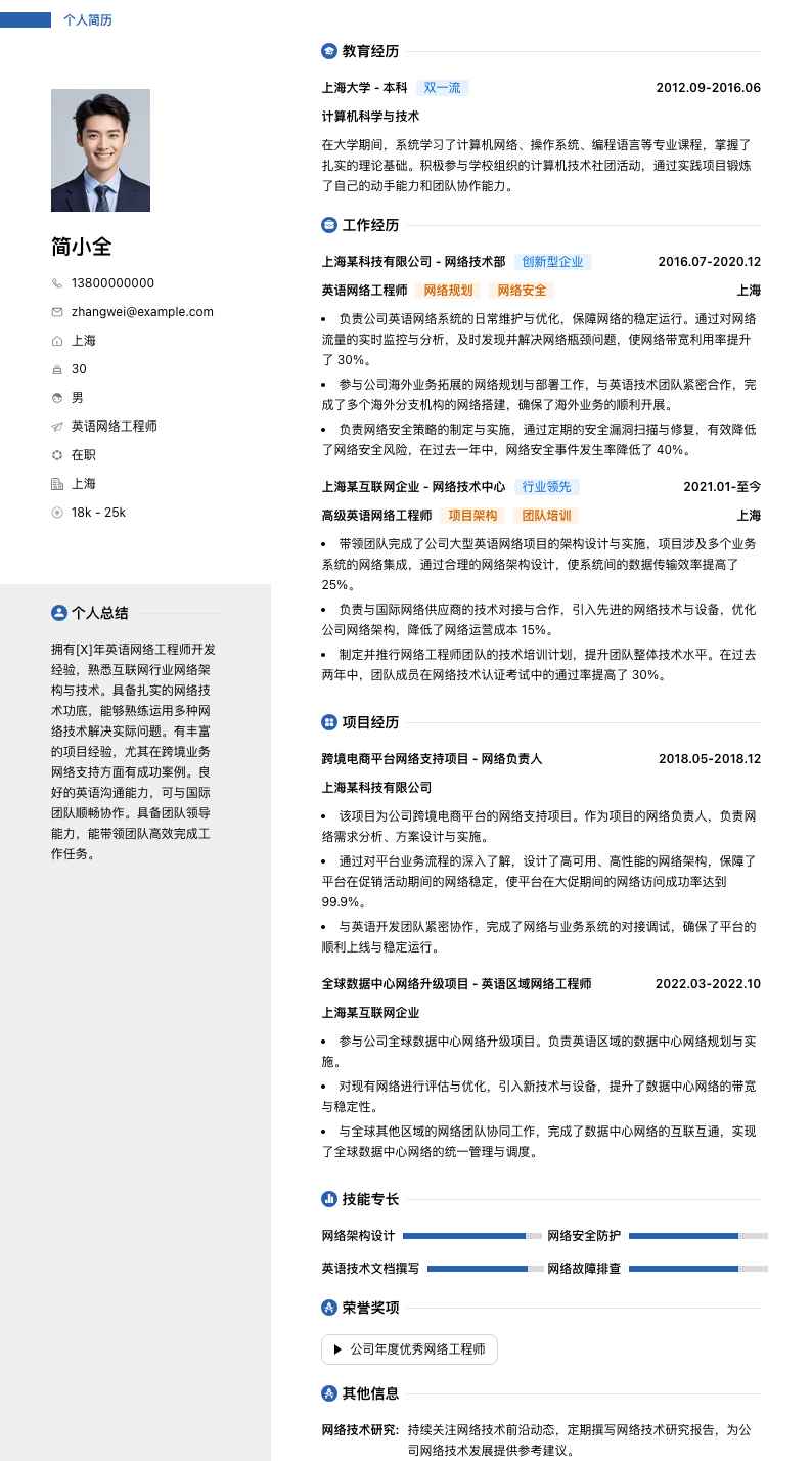 英语网络工程师简历模板