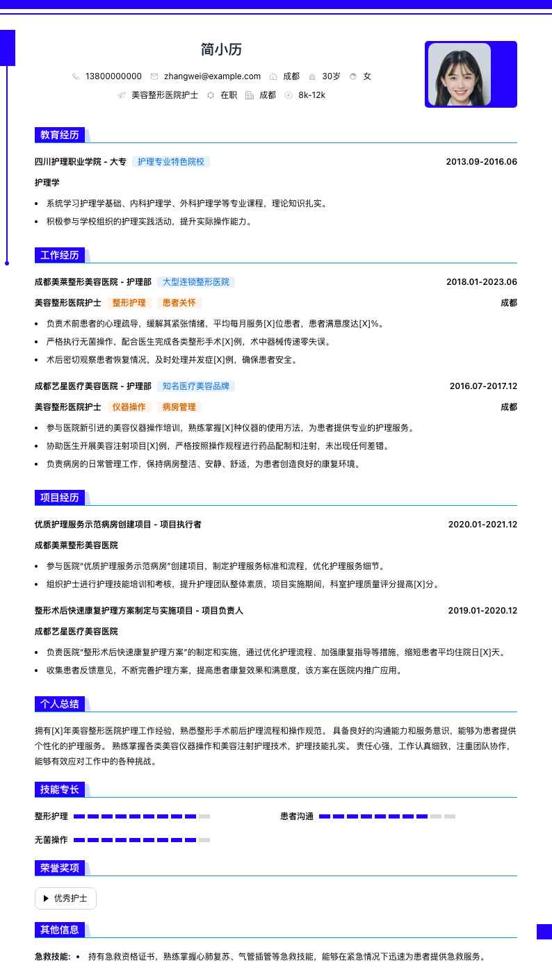 美容整形医院护士简历模板
