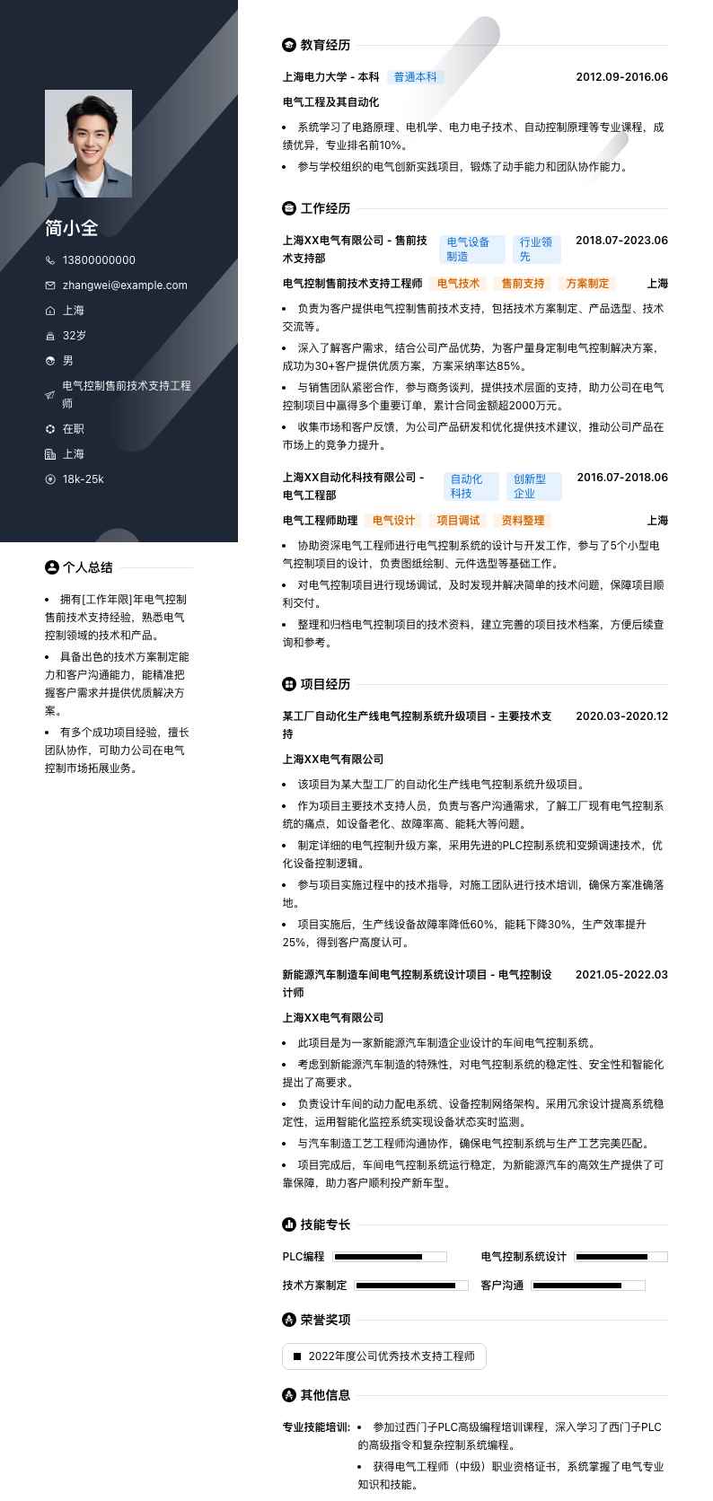 电气控制售前技术支持工程师简历模板