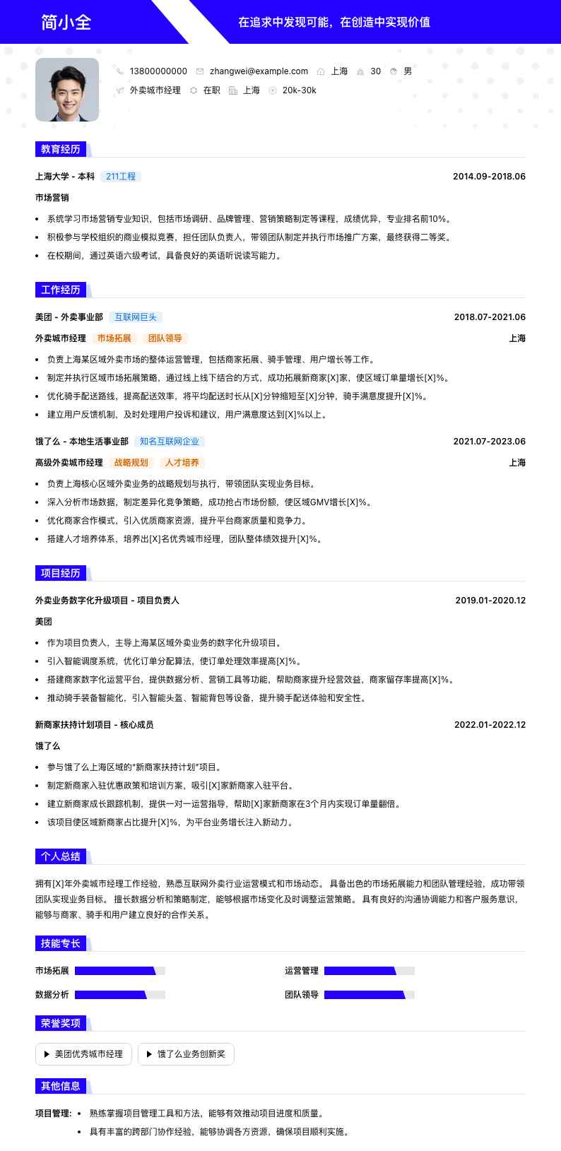 外卖城市经理简历模板