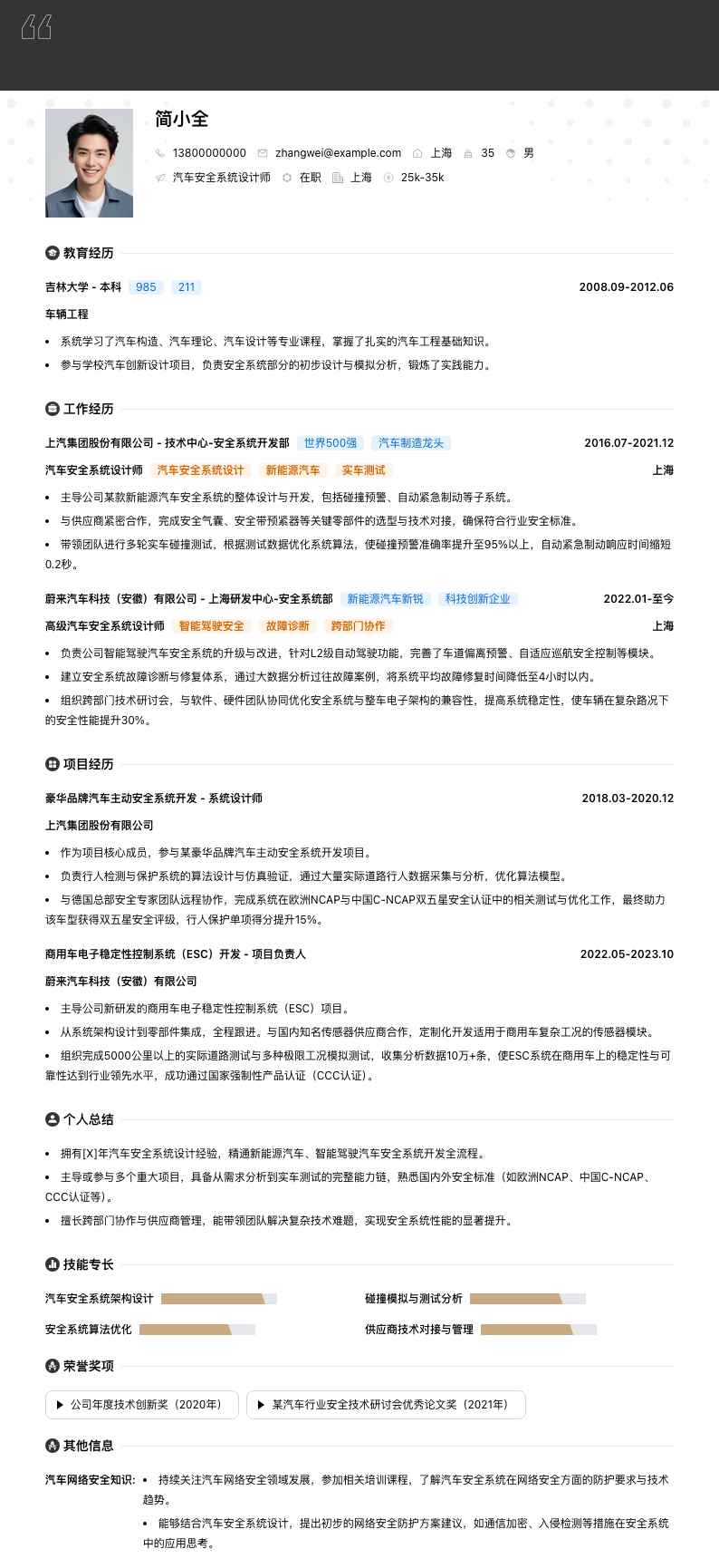 汽车安全系统设计师简历模板