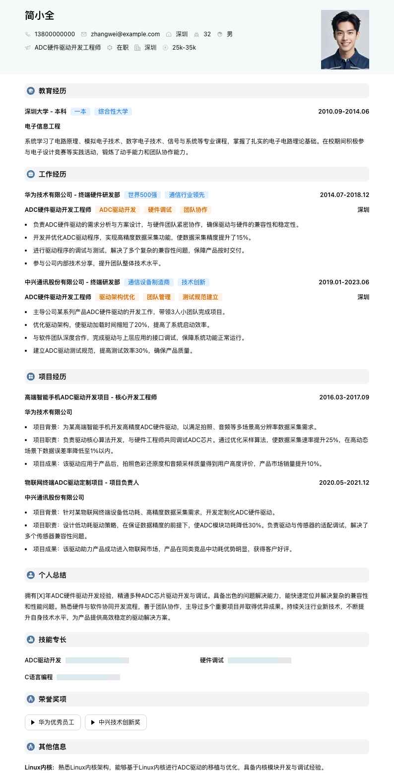 ADC硬件驱动开发工程师简历模板