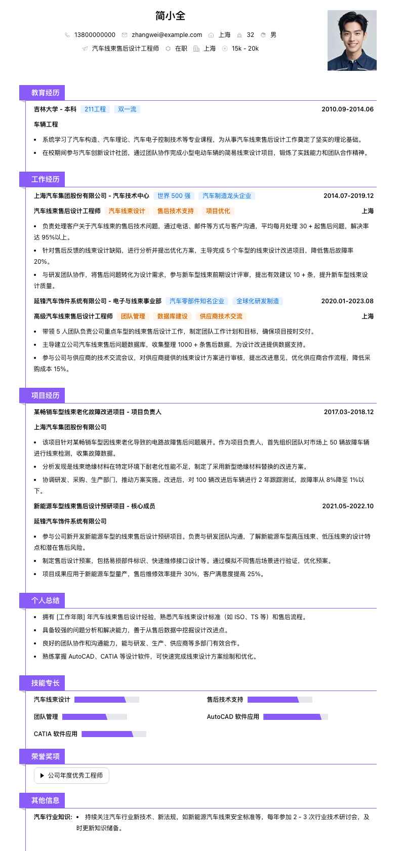 汽车线束售后设计工程师简历模板