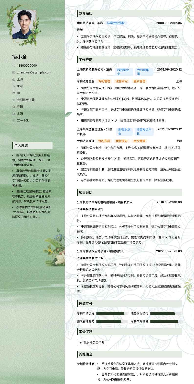 专利法务主管简历模板